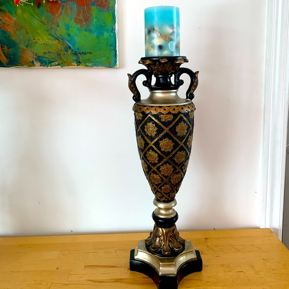 Wooden candle holder candlestick home decor accent gold and black